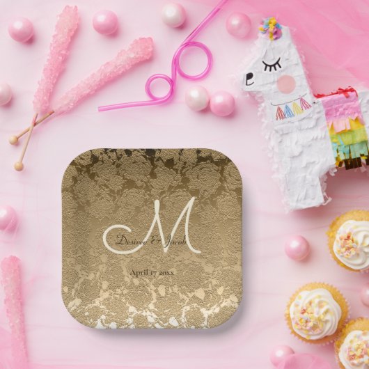 Gold Monogram Elegant Moderne Hochzeit Pappteller (Party)