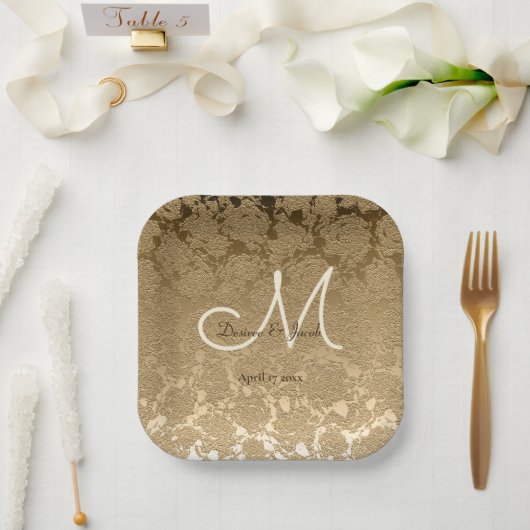 Gold Monogram Elegant Moderne Hochzeit Pappteller (Hochzeit)