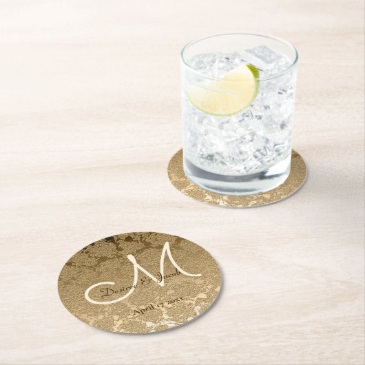 Gold Monogram Elegant Moderne Hochzeit Runder Pappuntersetzer (Vor Ort)