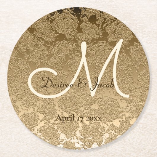 Gold Monogram Elegant Moderne Hochzeit Runder Pappuntersetzer (Vorderseite)