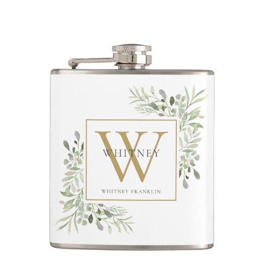 Gold Monogram Elegant Modernes Grün Flachmann (Vorderseite)