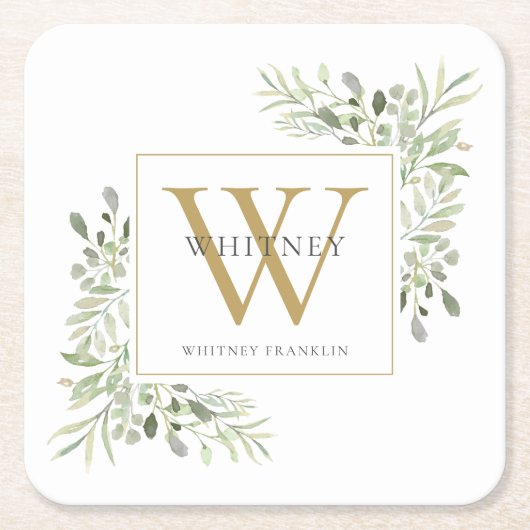 Gold Monogram Elegant Modernes Grün Rechteckiger Pappuntersetzer (Vorderseite)