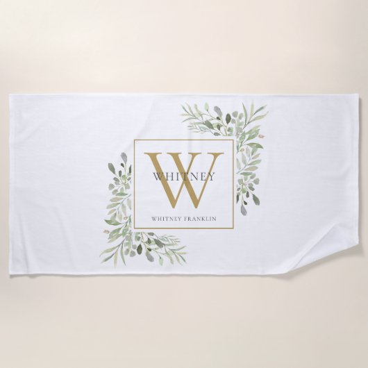Gold Monogram Elegant Modernes Grün Strandtuch (Vorderseite)