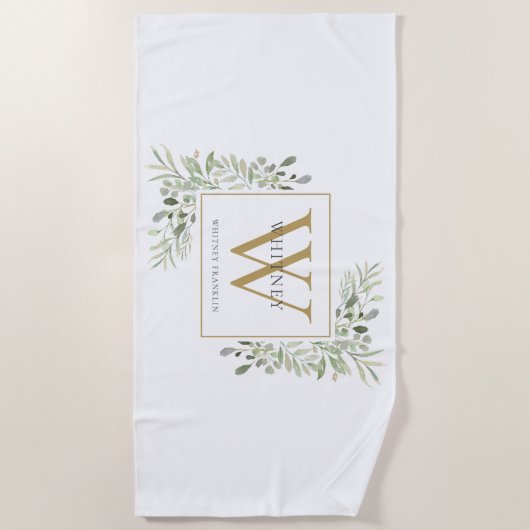 Gold Monogram Elegant Modernes Grün Strandtuch (Vorderseite)