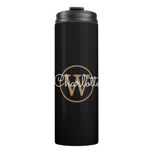 Gold Monogram Elegant Script Black Thermosbecher (Vorderseite)