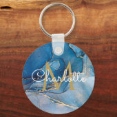 Gold Monogram Elegant Script Blue Agate Geode Schlüsselanhänger (Vorderseite)