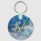 Gold Monogram Elegant Script Blue Agate Geode Schlüsselanhänger (Rückseite)