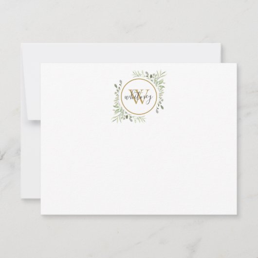 Gold Monogram Elegant Script Greenery Mitteilungskarte (Vorderseite)
