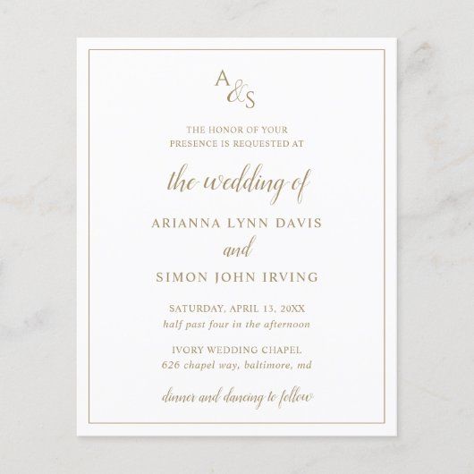 Gold Monogram Elegante Budget Hochzeit Einladung (Vorderseite)