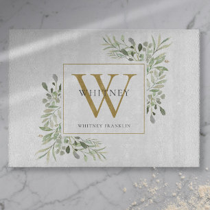 Gold Monogram Elegante Grünpflanzen Blätter Schneidebrett