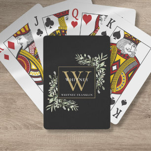 Gold Monogram Elegante Grünpflanzen Moderne Schwar Spielkarten