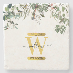 Gold Monogram Elegantes Eukalyptus Grün & Vögel Steinuntersetzer