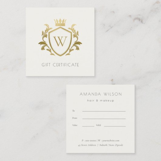 Gold Monogram Floral Crown Wappen Geschenkgutschei Quadratische Visitenkarte (Vorne/Hinten)