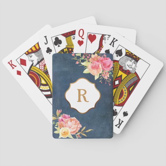 Gold Monogram Florals Vintag Blue Texture Spielkarten (Rückseite)