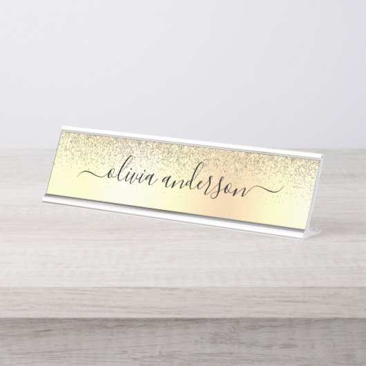 Gold Monogram Glitzer Sparkle Girly Script Schreibtischnamensplakette (Vorderseite )