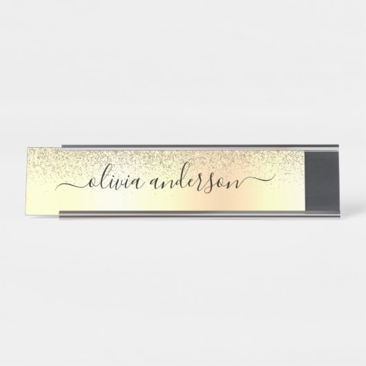 Gold Monogram Glitzer Sparkle Girly Script Schreibtischnamensplakette (Vorderseite )