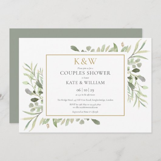 Gold Monogram Greenerage Foliage Couples Dusche Einladung (Vorne/Hinten)