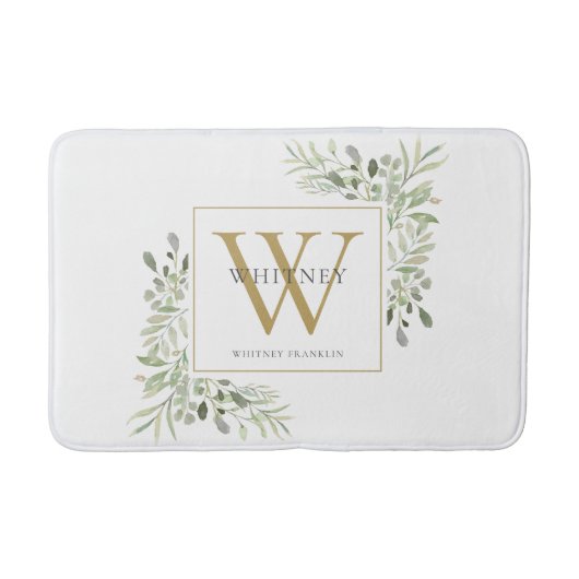 Gold Monogram Greenery Badematte (Vorderseite)