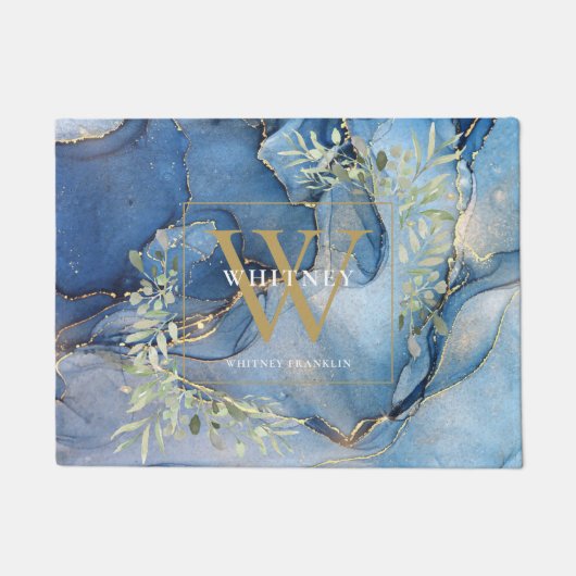 Gold Monogram Greenery Blue Agate Geode Doormat Fußmatte (Vorderseite)