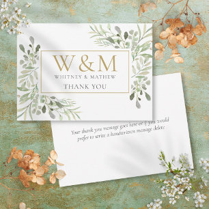 Gold Monogram Greenery Elegant Dankeskarte