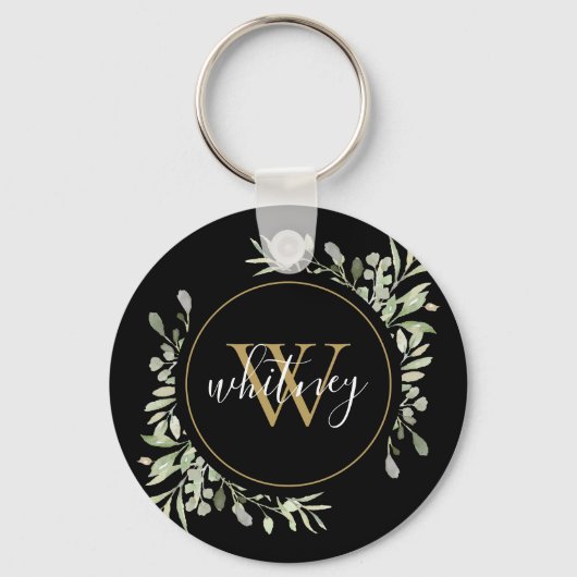 Gold Monogram Greenery Elegante Script Black Schlüsselanhänger (Vorderseite)