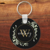 Gold Monogram Greenery Elegante Script Black Schlüsselanhänger (Vorderseite)