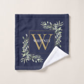 Gold Monogram Greenery Floral Navy Blue Badhandtuch Set (Waschlappen)