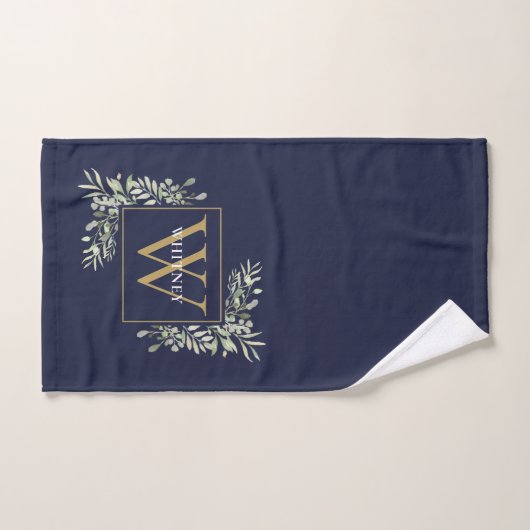 Gold Monogram Greenery Floral Navy Blue Badhandtuch Set (Handtuch)