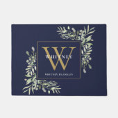 Gold Monogram Greenery Floral Navy Blue Fußmatte (Vorderseite)