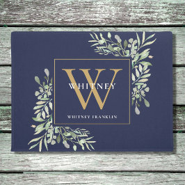 Gold Monogram Greenery Floral Navy Blue Fußmatte