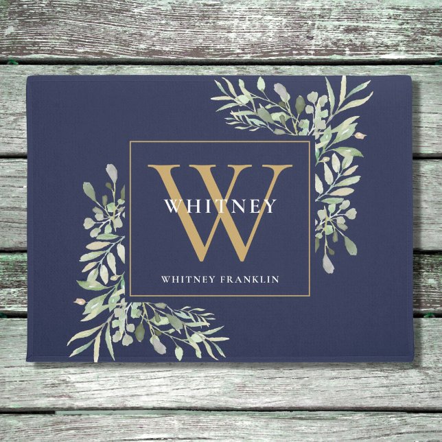 Gold Monogram Greenery Floral Navy Blue Fußmatte (Von Creator hochgeladen)