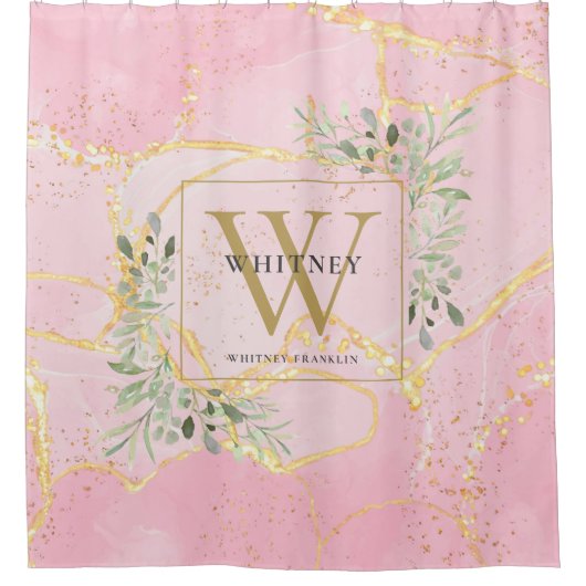 Gold Monogram Greenery Pink Agate Geode Duschvorhang (Vorderseite)
