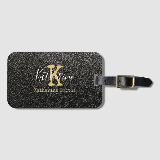 Gold Monogram Initial und Name auf schwarz Gepäckanhänger (Vorderseite (Horizontal))