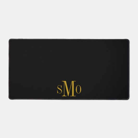 Gold Monogram Initials Imitate Leather Black Schreibtischunterlage (Vorderseite)