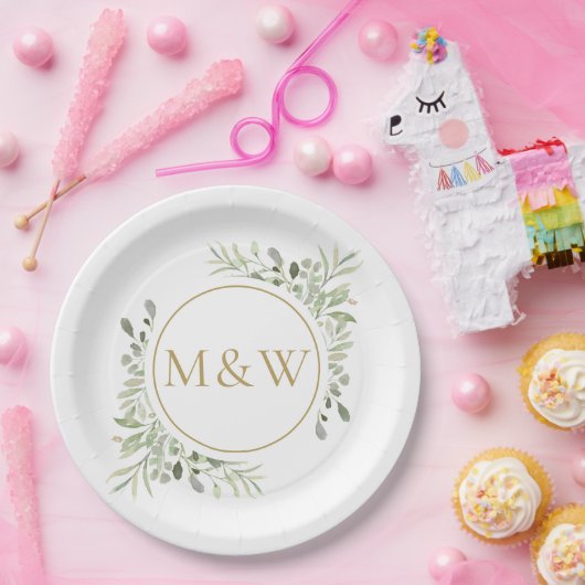 Gold Monogram Initials Watercolor Greenerenerenera Pappteller (Party)