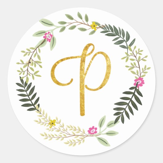 Gold Monogram Leaf P Runder Aufkleber (Vorderseite)