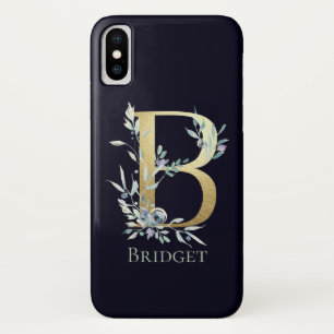 Gold Monogram Letter B Navy Blue Floral Name Case-Mate iPhone Hülle