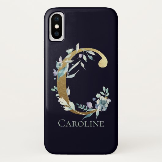 Gold Monogram Letter C Navy Blue Floral Name Case-Mate iPhone Hülle (Rückseite)
