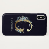 Gold Monogram Letter E Navy Blue Floral Name Case-Mate iPhone Hülle (Rückseite (Horizontal))