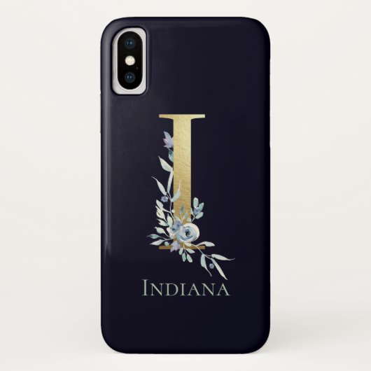 Gold Monogram Letter I Navy Blue Floral Name Case-Mate iPhone Hülle (Rückseite)