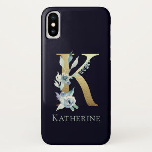 Gold Monogram Letter K Navy Blue Floral Name Case-Mate iPhone Hülle