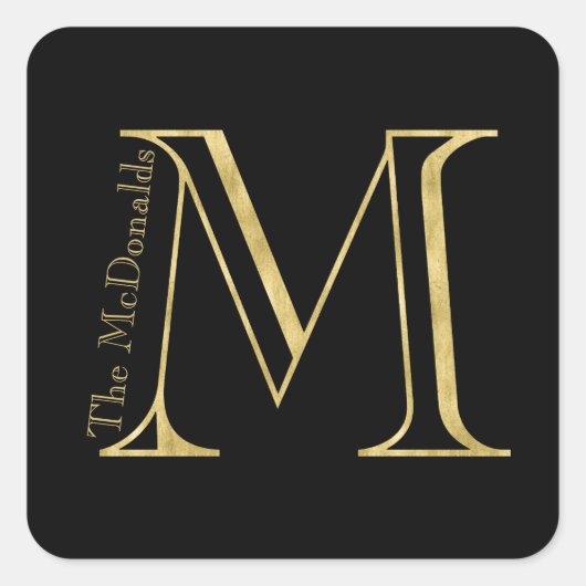 Gold Monogram M und Name auf einer beliebigen Farb Quadratischer Aufkleber (Vorderseite)