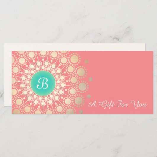 Gold Monogram Mandala Pink Coral Geschenkgutschein (Vorne/Hinten)