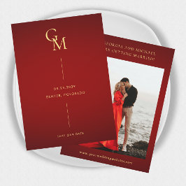 Gold Monogram Minimalistisch Dark Red Stylish Wedd Save The Date