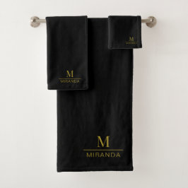 Gold Monogram Minimalistisch Modern Black Badhandtuch Set