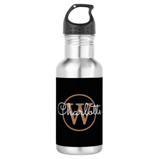Gold Monogram Modern Script Black Edelstahlflasche (Vorderseite)