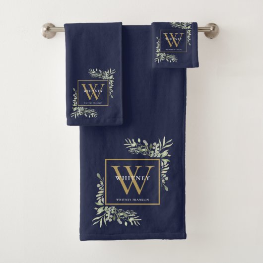 Gold Monogram Name Greenery Navy Blue Badhandtuch Set (Insitu)