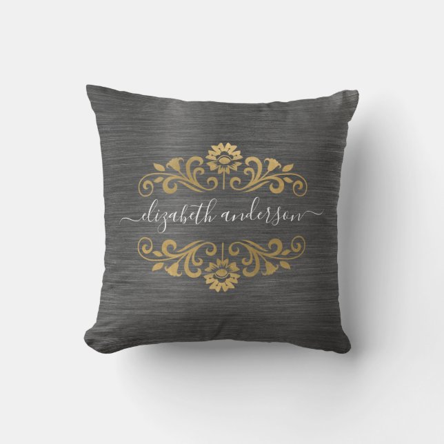 Gold Monogram Name Script Throw Pillow Kissen (Vorderseite)