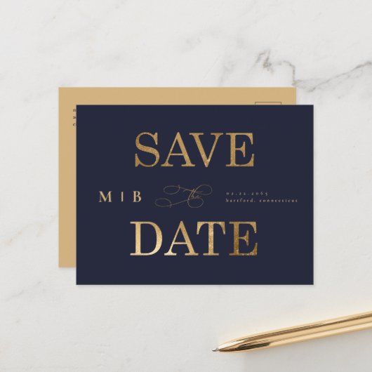 Gold Monogram Navy Contemporary Save the Date Ann Ankündigungspostkarte (Vorderseite/Rückseite Beispiel)
