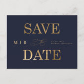Gold Monogram Navy Contemporary Save the Date Ann Ankündigungspostkarte (Vorderseite)